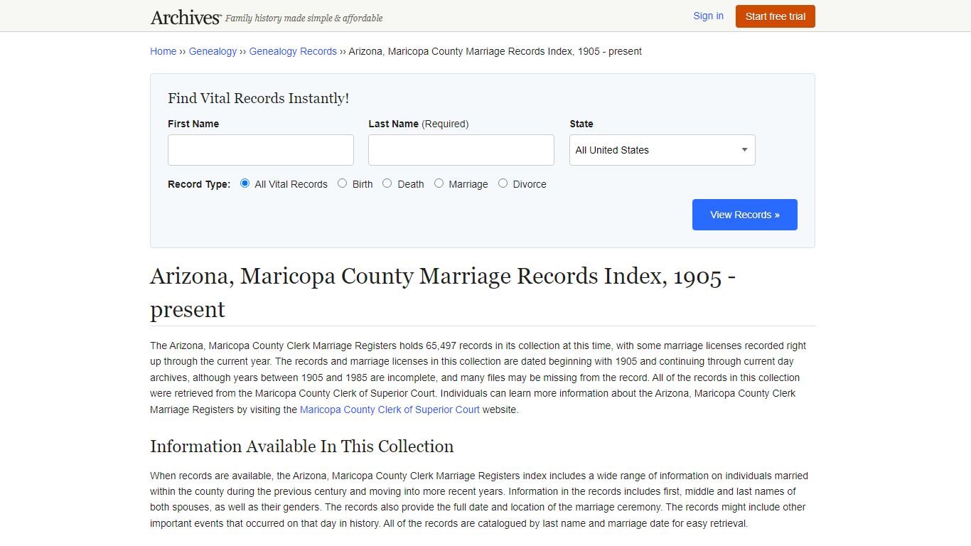 Arizona, Maricopa County Marriage Records Index, 1905 - Archives.com
