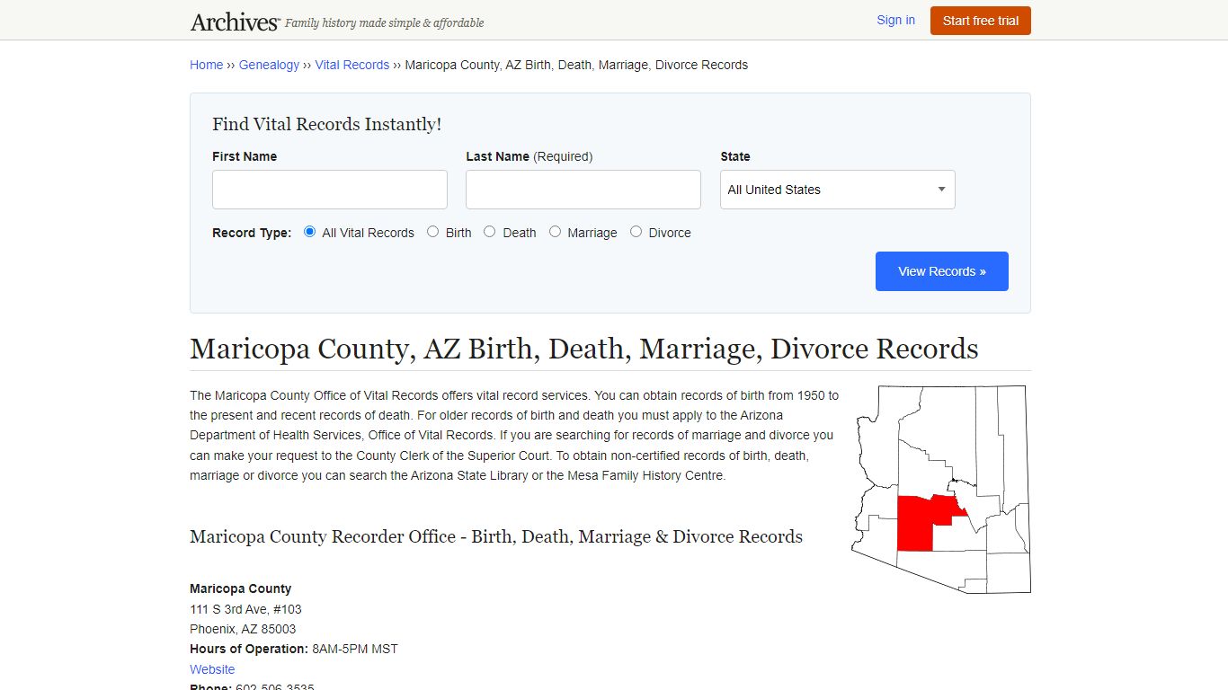 Maricopa County, AZ Birth, Death, Marriage, Divorce Records